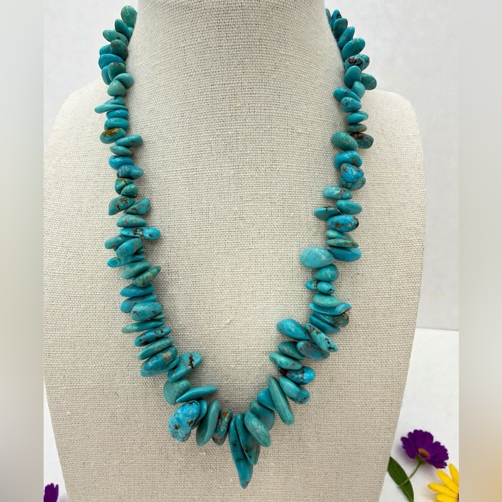 Genuine Turquoise Graduated Nugget Necklace 16” 65g Sterling Toggle Clasp